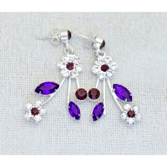 Vintage Silver and Purple Crystal Floral Dangle Earrings - F1 - Picture 1 of 2